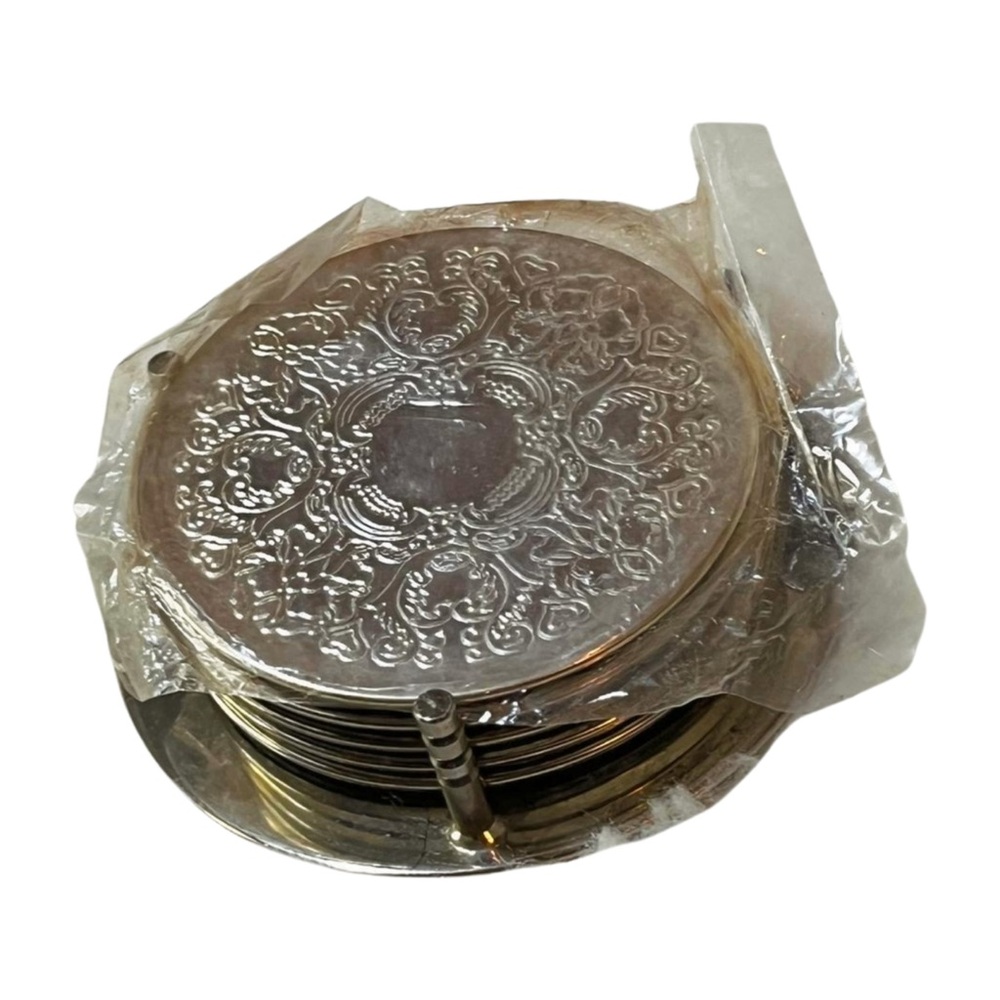 New in package silver plated coaster set for coffee table dining area drink cold
